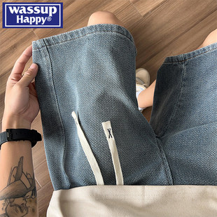wassup happy美式牛仔短裤男款夏季港风潮牌宽松五分裤大码中裤子
