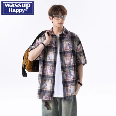 wassuphappy潮流短袖衬衫男