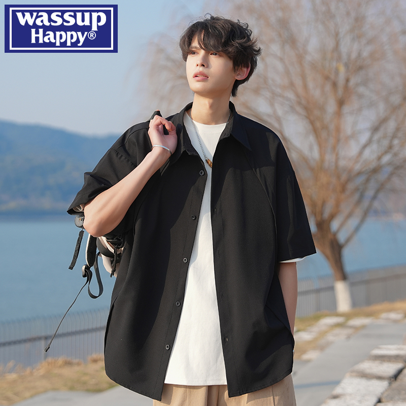 wassup happy黑色短袖衬衫男夏季薄款潮牌透气上衣服宽松休闲外套