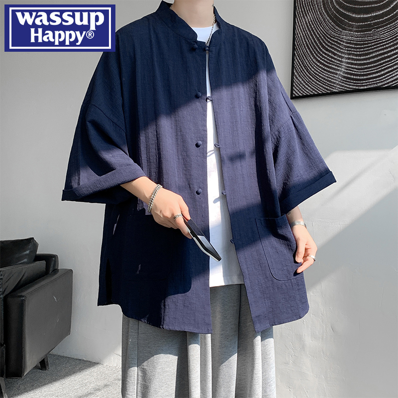 wassuphappy亚麻短袖衬衫男