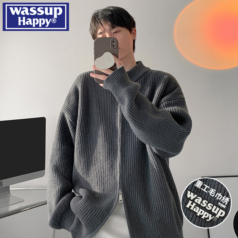 wassup happy灰色开衫毛衣男冬季潮牌保暖针织衫宽松复古休闲外套