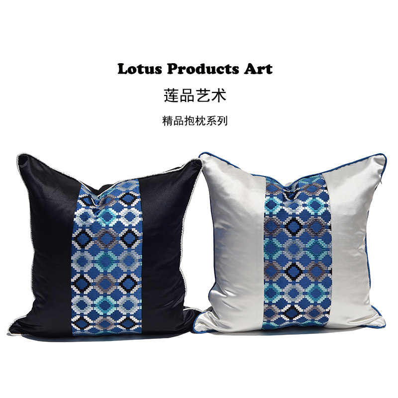 新品新古典中式简约现代沙发客厅绸缎丝绣蓝色靠背靠枕靠垫抱枕套