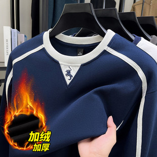 欧货战马刺绣拼接卫衣男士2025新款春秋冬季纯棉加绒长袖t恤男款