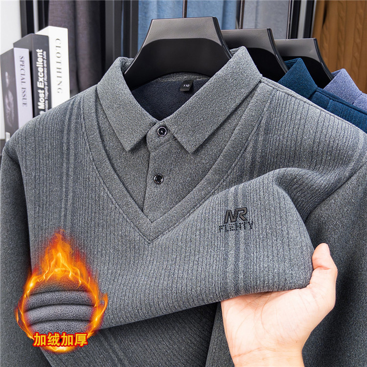 一体绒加绒加厚男士假两件毛衣冬季中老年衬衫领爷爷装保暖打底衫