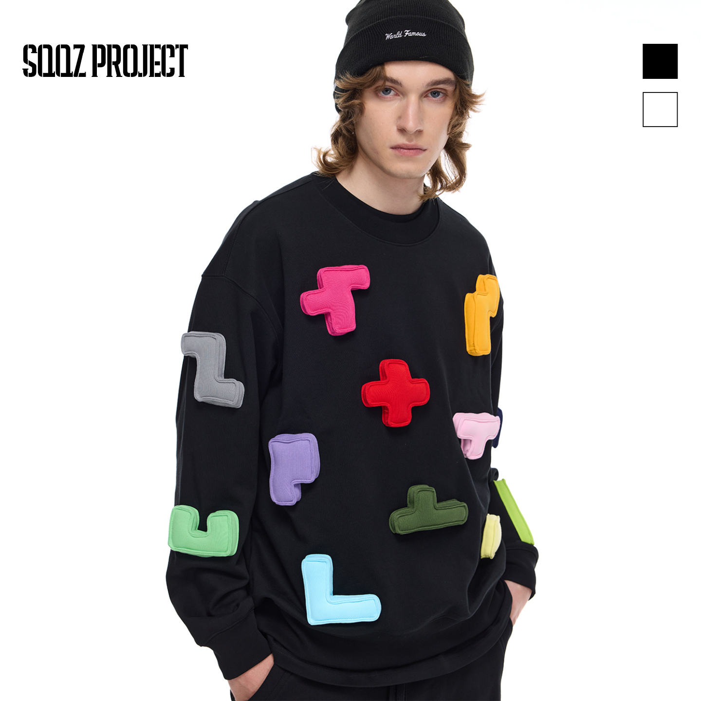 SQQZ PROJECT满身俄罗斯方块原创立体塞棉秋冬480G圆领卫衣情侣款