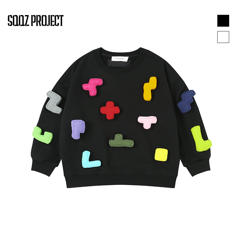 SQQZ PROJECT秋冬480G儿童款立体俄罗斯方块绣花长袖圆领卫衣童装