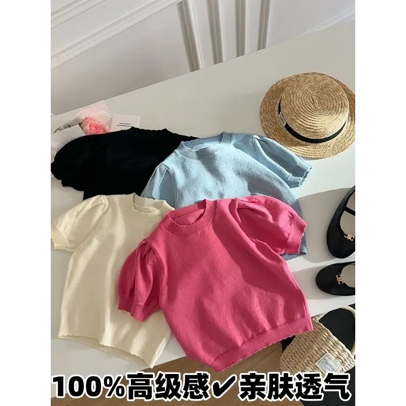 儿童韩版镂空针织衫宝宝上衣春秋装新款女童可爱泡泡毛衣短袖T恤