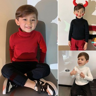 洋气新年毛衣儿童加绒加厚宝宝高领针织打底衫男童过年喜庆衣服潮
