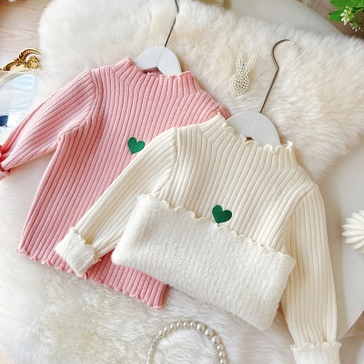 女童爱心加厚毛衣冬季2025新款洋气儿童加绒打底衫一体绒针织衫