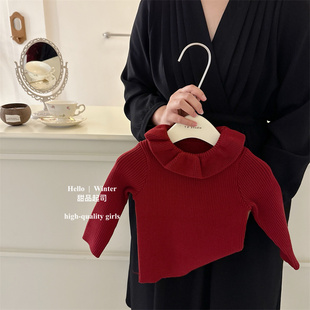 韩国女童毛衣2025新款童趣花边领童装毛衣纯色针织打底儿童毛衣女