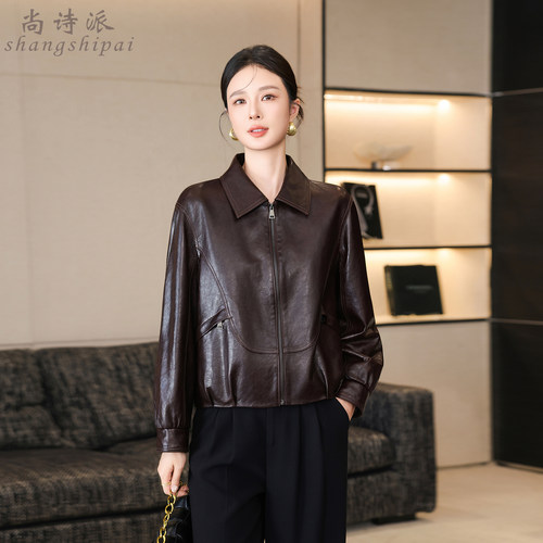 海宁真皮女短款油蜡绵羊皮夹克