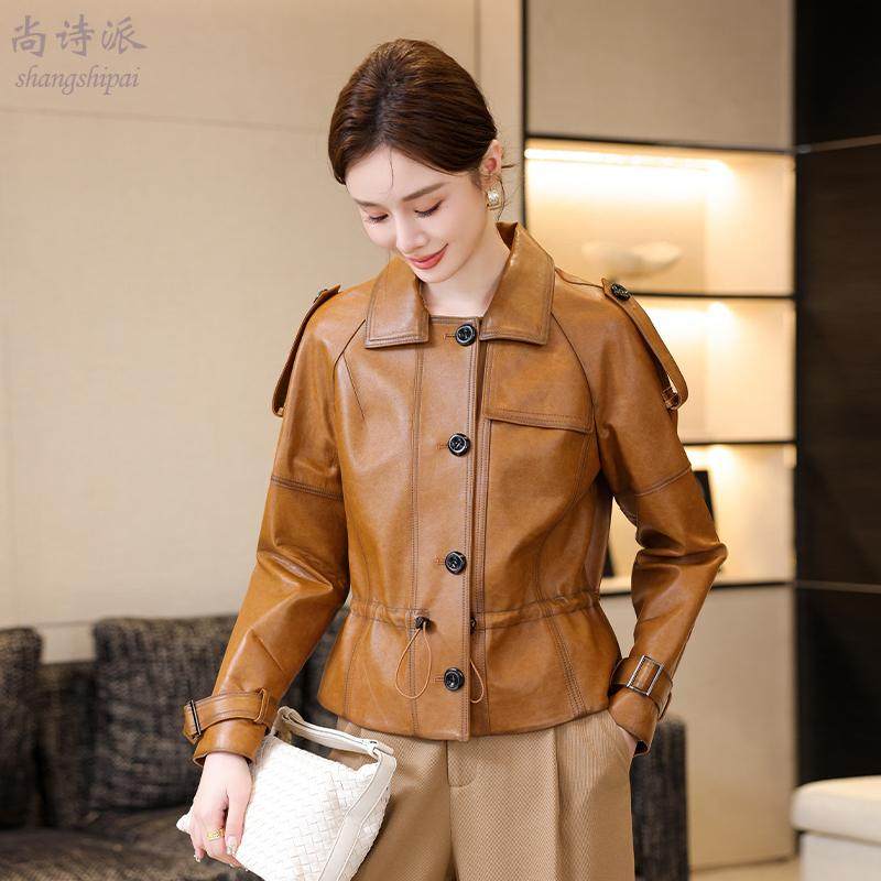 海宁真皮皮衣女2025春秋新款绵羊皮机车皮夹克小个子妈妈修身外套