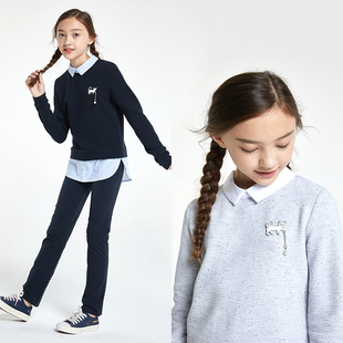 女童秋新款学院风假两件卫衣中大童学生外套 外贸猫咪上衣中长款