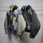 羽绒服外套90白鸭绒连帽假两件潮牌男士 易麦正品 水洗牛仔拼接男士