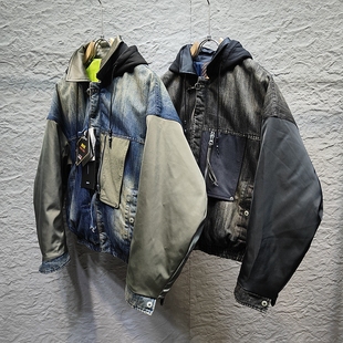 易麦正品水洗牛仔拼接男士羽绒服外套90白鸭绒连帽假两件潮牌男士