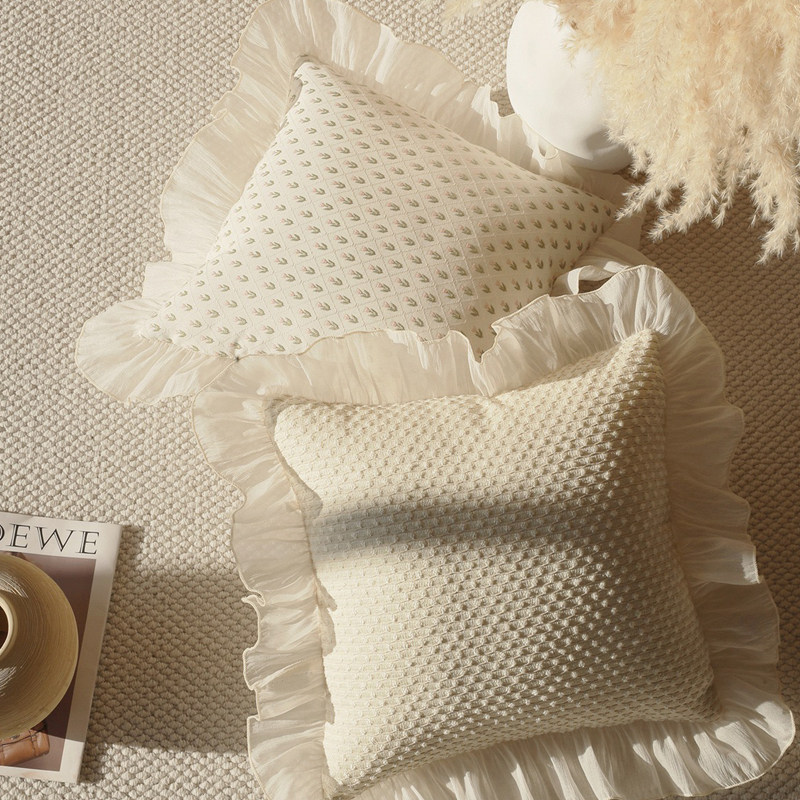 法式轻奢刺绣花纹抱枕套田园客厅沙发靠垫米白色蕾丝花边装饰枕头