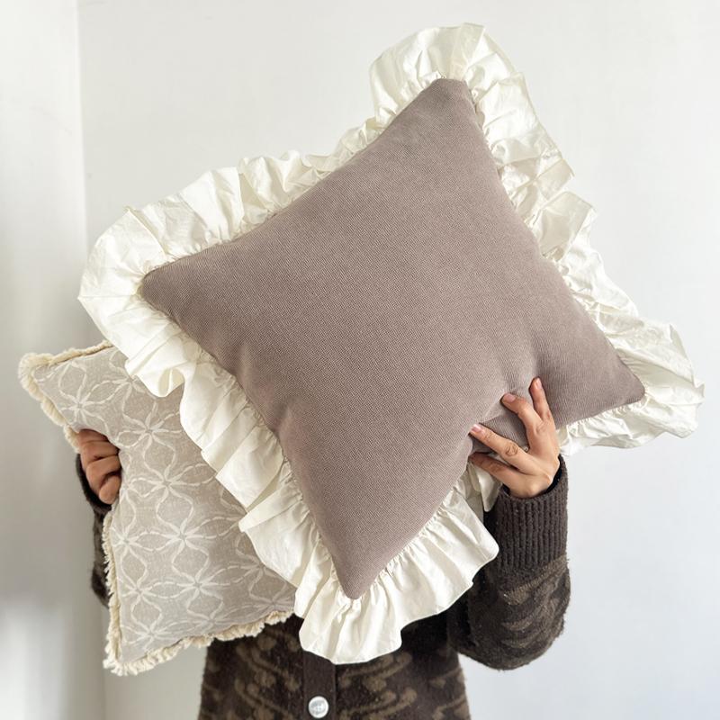 法式田园欧式ins沙发抱枕靠背纯色荷叶边靠枕北欧民宿飘窗腰靠垫