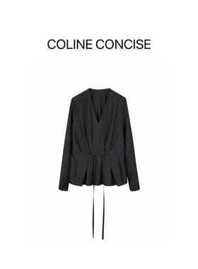 COLINE CONCISE 春秋丝羊毛精纺衬衣女V领收腰打褶衬衫26SS