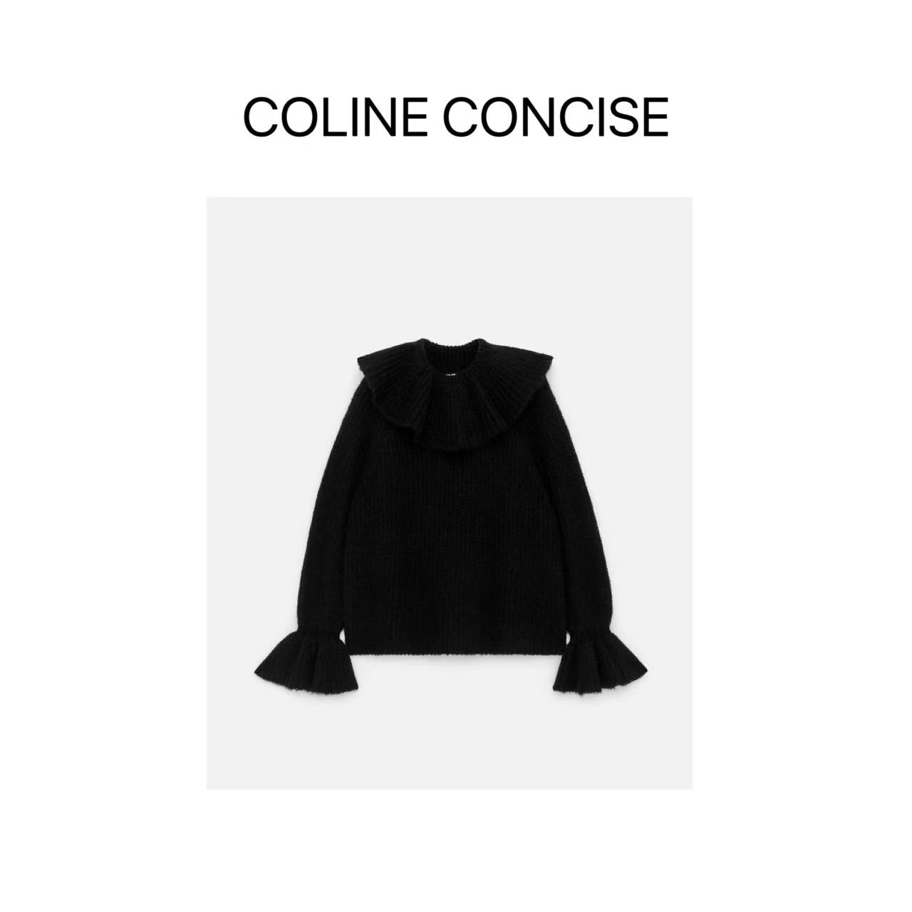 COLINE CONCISE 宽松荷叶领针织衫黑色冬季毛衣25FW