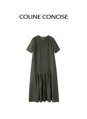 COLINE CONCISE 26夏季真丝重磅塔克条深绿色设计短袖连衣裙Q0787
