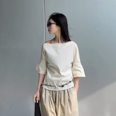 COLINE CONCISE 25SS 小众设计感一字领短袖休闲上衣Z88111