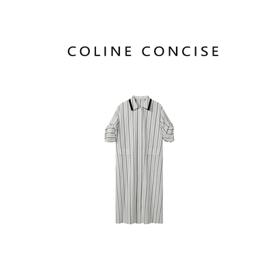 COLINE CONCISE 25SS 棉麻混纺双层领条纹中袖夏季中长裙FZ88151