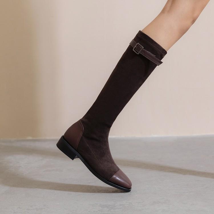 弹力中跟不过膝大筒围靴子