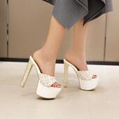 厚底时尚 夏季 防水台鱼嘴大码 欧美超高跟粗跟女士凉鞋 性感百搭 新款