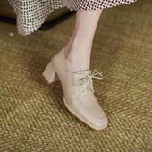 40中跟43小码 粗跟单鞋 313233 41大码 女鞋 系带小皮鞋 高跟懒人乐福鞋