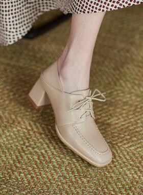 粗跟单鞋系带小皮鞋高跟懒人乐福鞋41大码女鞋40中跟43小码313233