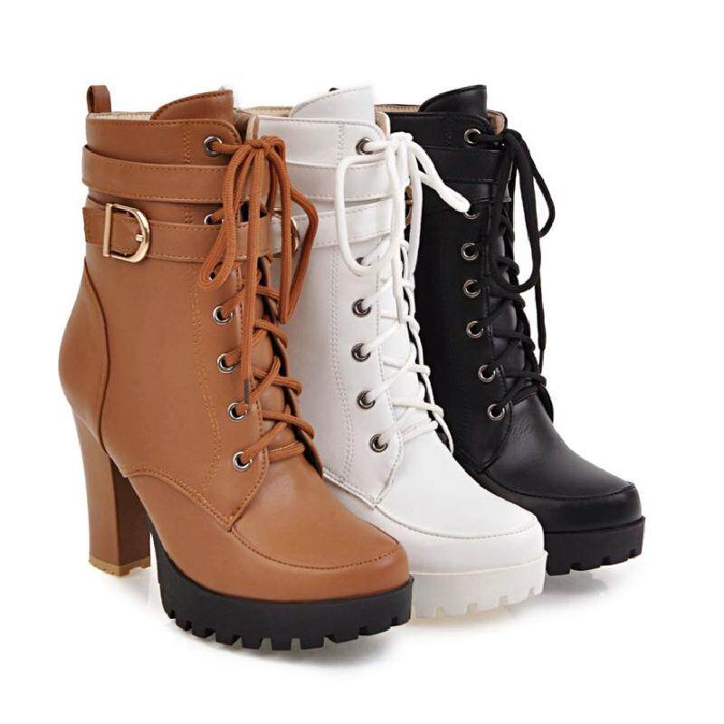 SWEET BOOTIES WOMENS FALL-WINTER 2019 PLATFORM MARTIN BOOTS LACE-UP HIGH HEELED BLOCK HEEL RIDER BOOTS WHITE BOOTIES