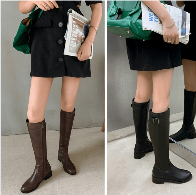 欧美秋冬新款中筒靴不过膝骑士靴低跟侧拉链粗跟女靴圆头黑色皮靴,女鞋,骑士靴,淘宝优惠券,粉丝福利购,淘宝优惠卷