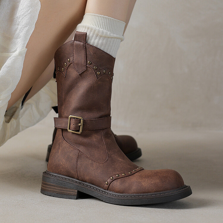 复古短靴女设计感小众大码女鞋41到43冬季中筒靴棕色靴子40中跟42