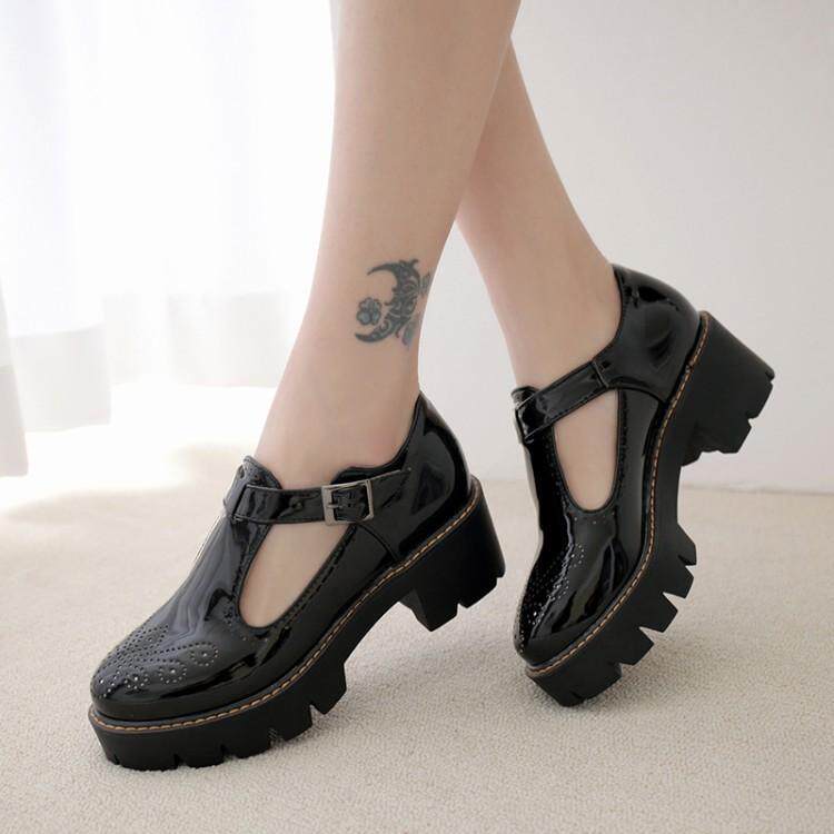 2020夏季布洛克厚底学院风单鞋子定做大码丁字圆头中跟松糕女鞋43