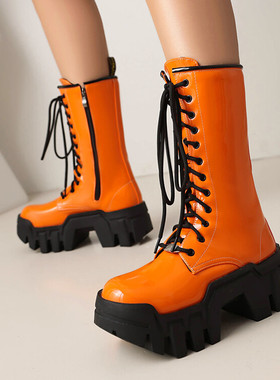 马丁靴女黄色厚底系带增高齿轮机车靴黑色休闲短靴复古推土机靴子