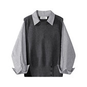 Polo领假两件长袖 韩系通勤拼接条纹上衣 新款 针织衫 女2025秋季