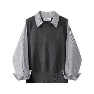 Polo领假两件长袖针织衫女2025秋季新款韩系通勤拼接条纹上衣