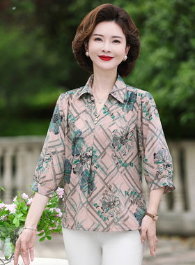 妈妈装七分袖衬衫洋气T恤衫小衫大码中老年女装夏季新款翻领上衣