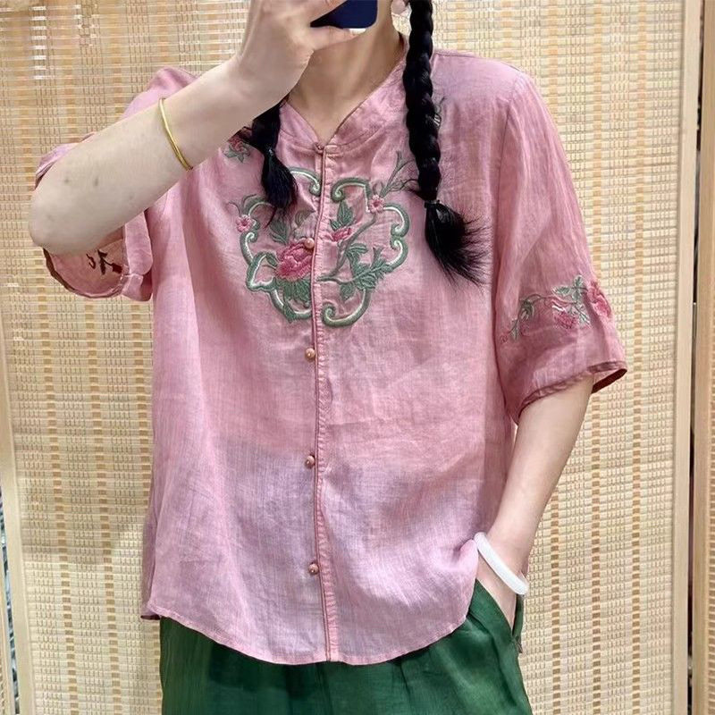 复古民族风刺绣棉麻衬衫短袖女夏季2025新中式款国风盘扣茶服上衣