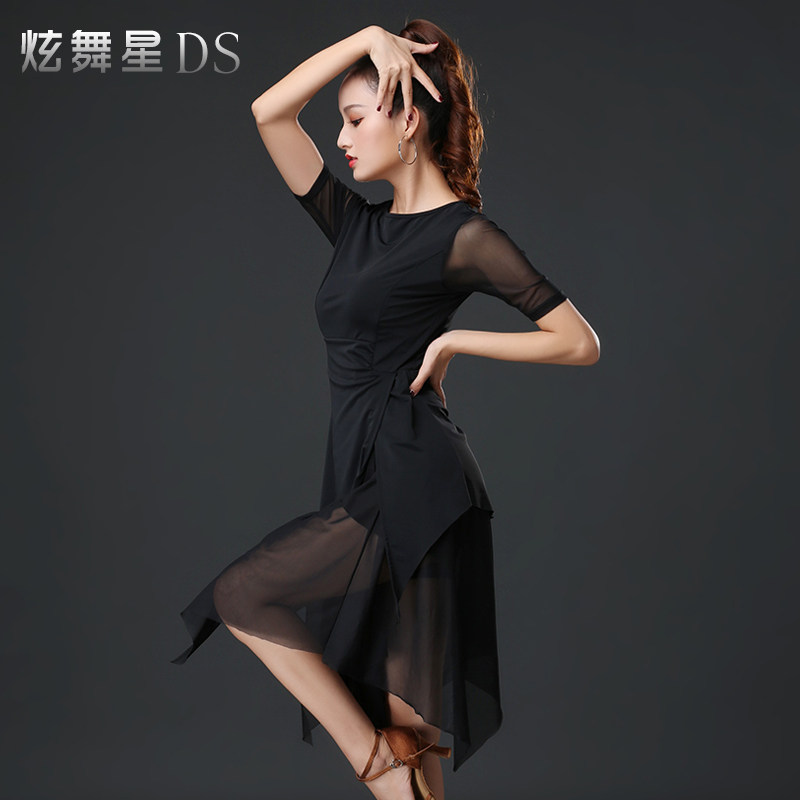 现货拉丁舞连衣裙女新款成v年训练服装性感形体服春秋中袖网纱练