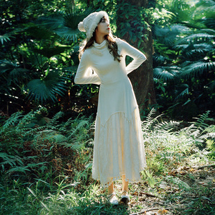 云分子原创森系甜妹仙女重工超大不规则裙摆拼接修身 高领连衣裙