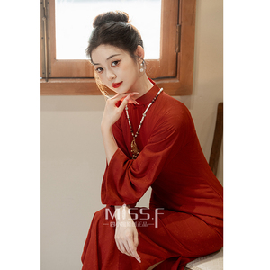四小姐长袖红色新中式旗袍秋冬款敬酒服倒大袖大码新娘订婚礼服裙