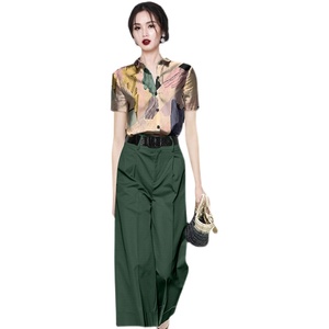 RM18716#直筒单排扣短袖长裤阔腿裤通勤套装