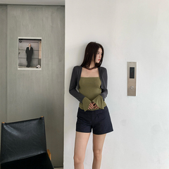 RUSTLE INTERLUDE 假两件撞色美丽诺羊毛修身轻薄长袖T恤上衣