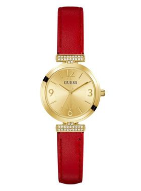 代购GUESS女士腕表时间夜光日期防水红色皮带金色镶钻商务约会