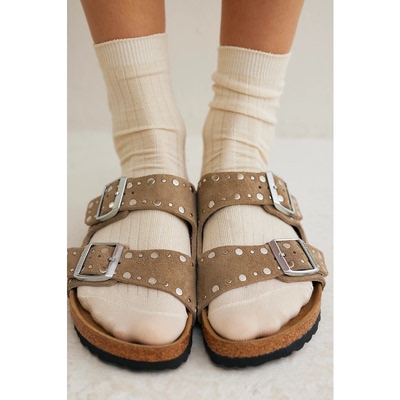 海外代购Birkenstock女士一字拖双带铆钉装饰夏季日常休闲出行