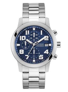 代购GUESS男士腕表计时日期夜光测速金属钢带蓝色防水商务运动