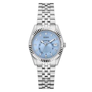代购 GUESS女士腕表日期24小时夜光计时金属钢带蓝盘镶钻商务通勤