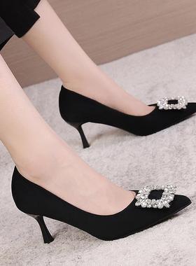 尖头黑色高跟鞋女细跟2025春秋气质宴会单鞋职业工作鞋32-42大码