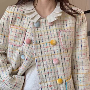 AYC丨高级感小香风短款外套女2023年早秋新款宽松彩色编织格子上